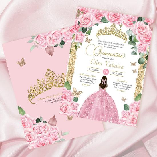 Pink Roses Butterfly Princess Dress Quinceanera