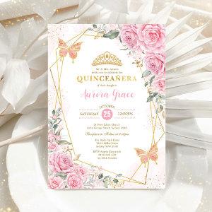 Pink Roses Butterfly Quinceañera Gold Geometric In