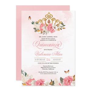 Pink Roses Butterfly Quinceanera Gold Tiara