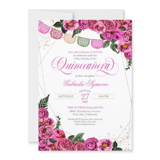 Pink Roses Elegant Fiesta Floral Quinceañera