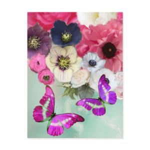 PINK ROSES, FLOWERS AND BUTTERFLIES ,Floral Easter Postcard