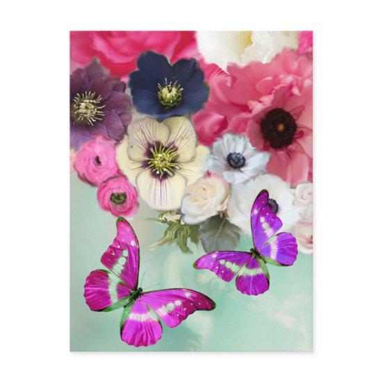 PINK ROSES, FLOWERS AND BUTTERFLIES ,Floral Easter Postcard