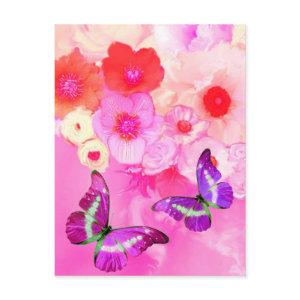 PINK ROSES, FLOWERS AND BUTTERFLIES ,Floral Easter Postcard