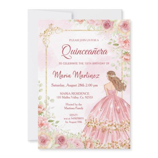Pink Roses Flowers With Blush Pink Quinceanera  In