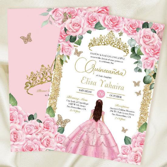 Pink Roses & Gold Butterfly Quinceanera