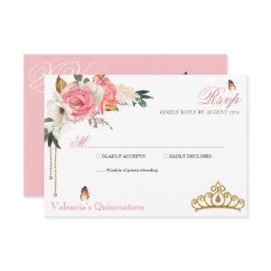 Pink Roses Gold Gemstone Tiara Quinceanera RSVP Card