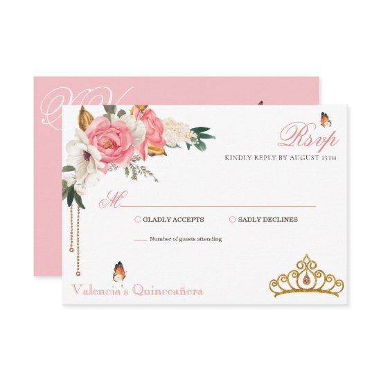 Pink Roses Gold Gemstone Tiara Quinceanera RSVP Card