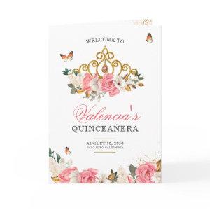 Pink Roses Gold Tiara Butterfly Quinceanera Program