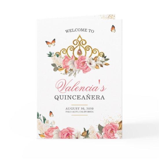 Pink Roses Gold Tiara Butterfly Quinceanera Program