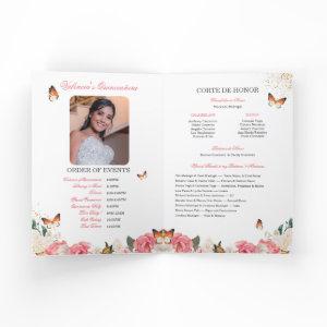 Pink Roses Gold Tiara Butterfly Quinceanera Program