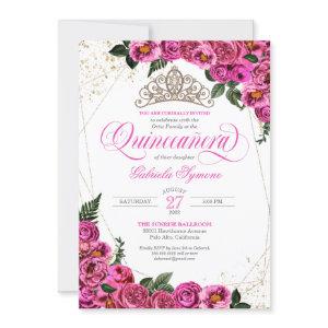 Pink Roses & Gold Tiara Elegant Quinceañera