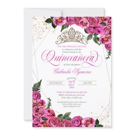 Pink Roses & Gold Tiara Elegant Quinceañera