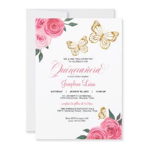 Pink Roses Golden Butterfly Quinceañera Birthday