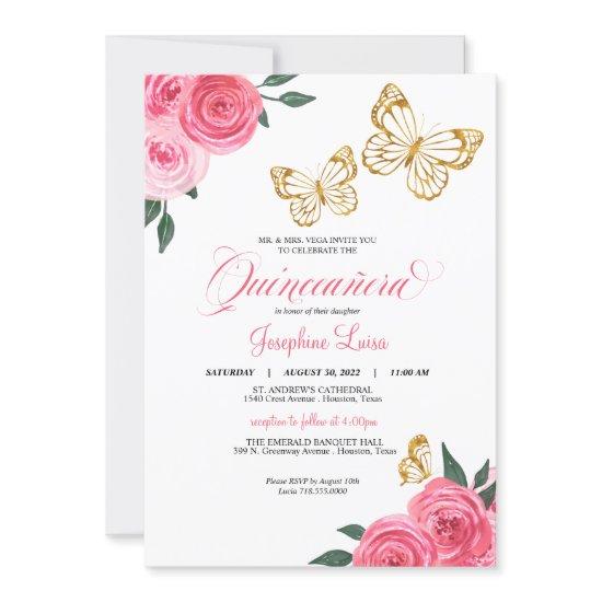 Pink Roses Golden Butterfly Quinceañera Birthday