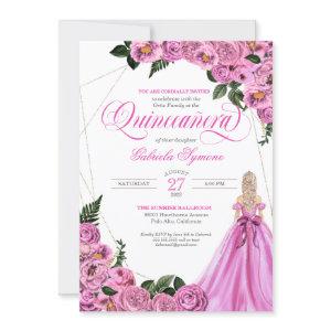 Pink Roses | Golden Tiara & Ball Gown Quinceañera