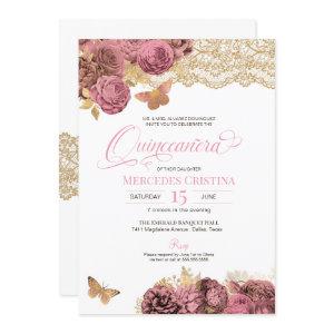 Pink Roses & Lace Gold Butterfly Quinceañera