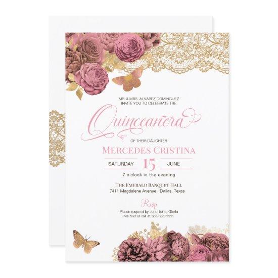 Pink Roses & Lace Gold Butterfly Quinceañera