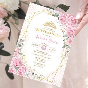 Pink Roses Princess Quinceañera Gold Geometric
