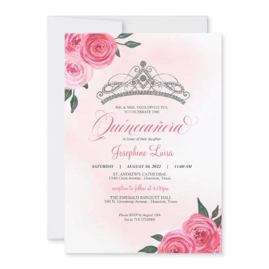 Pink Roses Silver Tiara Quinceañera Watercolor