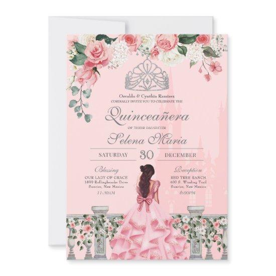 Pink Roses Silver Tiara Royal Princess Quinceañera