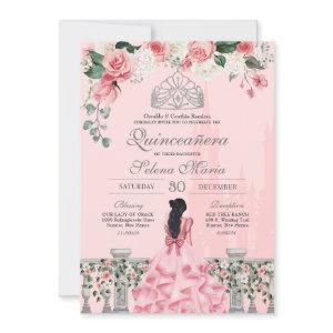 Pink Roses Silver Tiara Royal Princess Quinceañera
