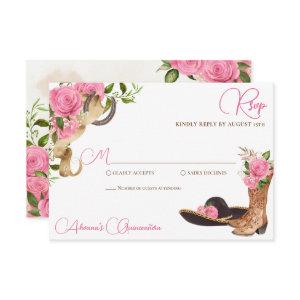 Pink Roses Vintage Charro Western Quinceanera RSVP Card