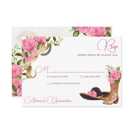 Pink Roses Vintage Charro Western Quinceanera RSVP Card