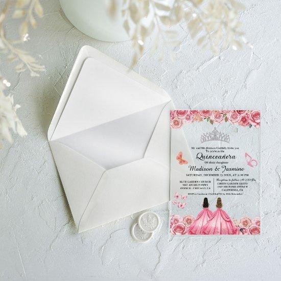 Pink Royal Floral Butterfly Twin Quinceanera Acrylic