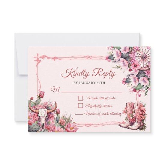 Pink Rustic Boho Western Charra Theme Quinceanera  RSVP Card