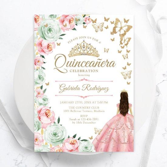 Pink Sage Green Floral Quinceanera