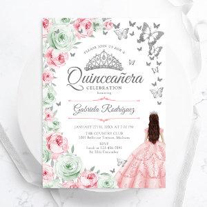 Pink Sage Green Floral Roses Quinceanera