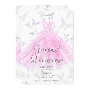Pink Silver Butterfly Dance Dress Quinceañera