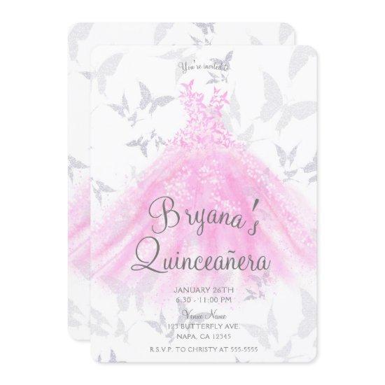 Pink Silver Butterfly Dance Dress Quinceañera