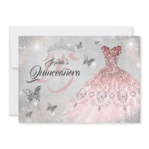 Pink Silver Butterfly Sparkle Dress Quinceanera