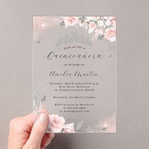 Pink Silver Clear Acrylic Floral Quinceanera  Acrylic