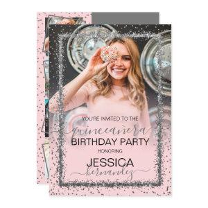 Pink Silver Confetti Border Photo Quinceañera