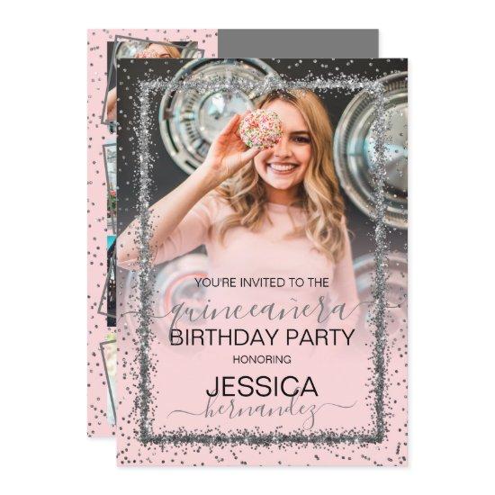 Pink Silver Confetti Border Photo Quinceañera