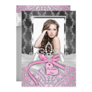 Pink Silver diamond Bow Photo Quinceanera Invite