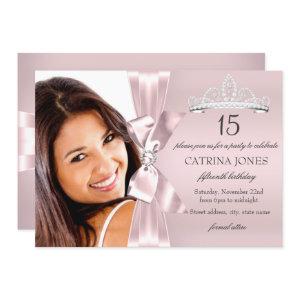 Pink Silver Diamond Bow & Tiara Quinceanera Invite