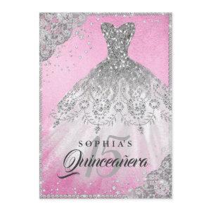 Pink Silver Diamond Lace Sparkle Gown Quinceanera