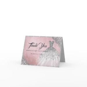 Pink Silver Diamond Sparkle Gown Quinceanera Thank You Card