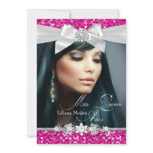 Pink Silver Glitter Bow Photo Quinceanera Invite
