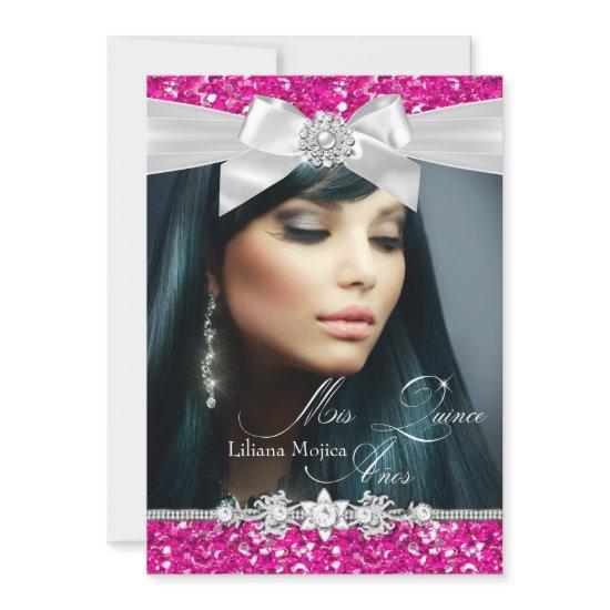Pink Silver Glitter Bow Photo Quinceanera Invite