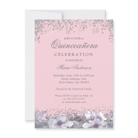 Pink Silver Glitter Purple Flower Quinceanera