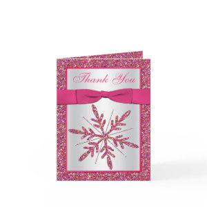 Pink Silver Glitter Snowflake Photo Thank You Card