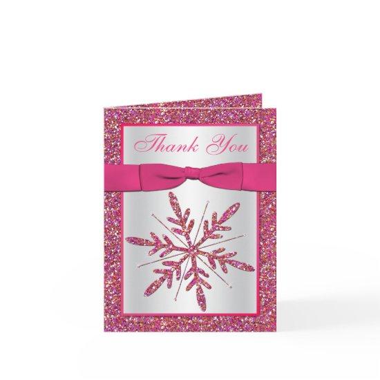 Pink Silver Glitter Snowflake Photo Thank You Card