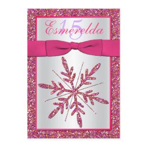 Pink, Silver Glitter Snowflake Quinceanera Invite