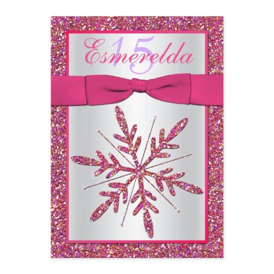 Pink, Silver Glitter Snowflake Quinceanera Invite