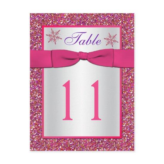 Pink, Silver Glitter Snowflakes Table Number Card
