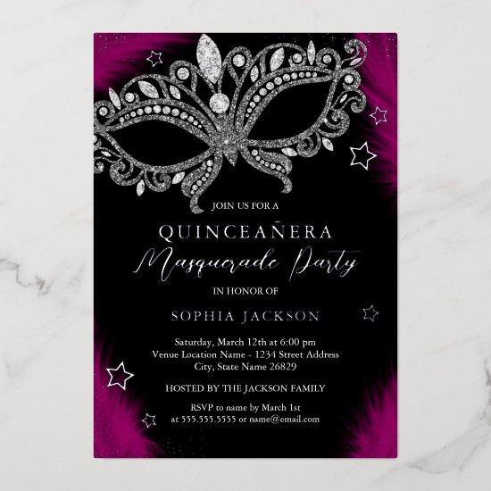 Pink Silver Masquerade Mask Star Quinceanera Foil